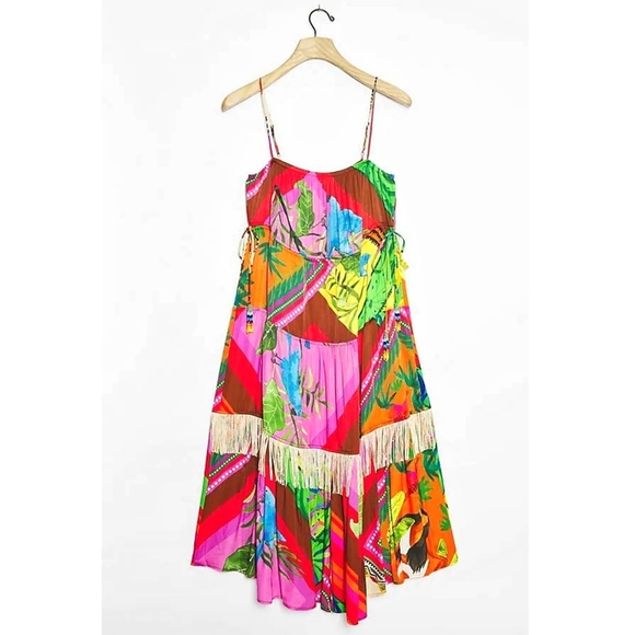 Farm Rio Anthropologie Palila Fringe Beaded Tassel Tiered Midi Dress - Picture 12 of 14